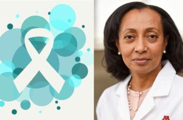 A portrait of Dr. Rahel Ghebre smiling, on the right side, next to a turquoise cancer awareness crest for cervical cancer on the left side.