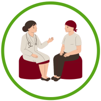 Clinical research, illustrated by a person on the left in a white coat with a stethoscope talking to a patient on the right, seated with their hands in their lap.