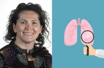 A portrait of Dr. Abbie Begnaud smiling on the left is juxtaposed against a graphic on the right that has a bright turquoise background with a pair of pink lungs in the middle, and a hand holding a magnifying glass examining the lungs.