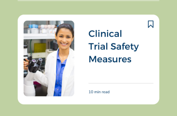 Clinical Trial Safety Measures blog post, with an image of a woman in a lab