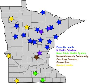 MNCCTN map image with stars indicating 24 site locations across Minnesota